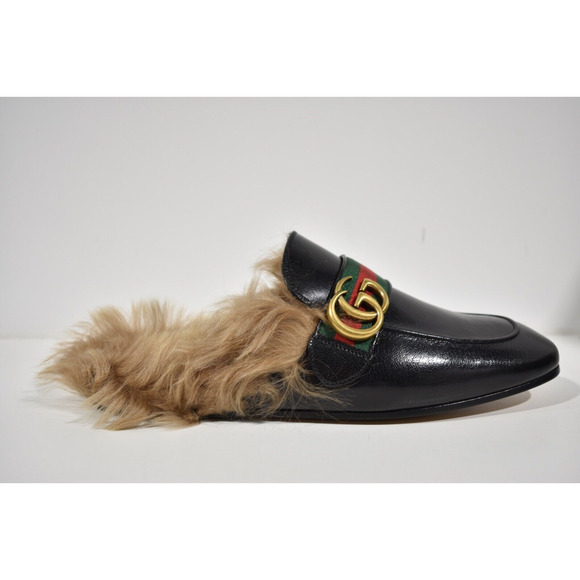 Gucci Mens Princetown Black Leather Fur Slip On Slide Backless Loafer Flat G 7 8 - Picture 3 of 12
